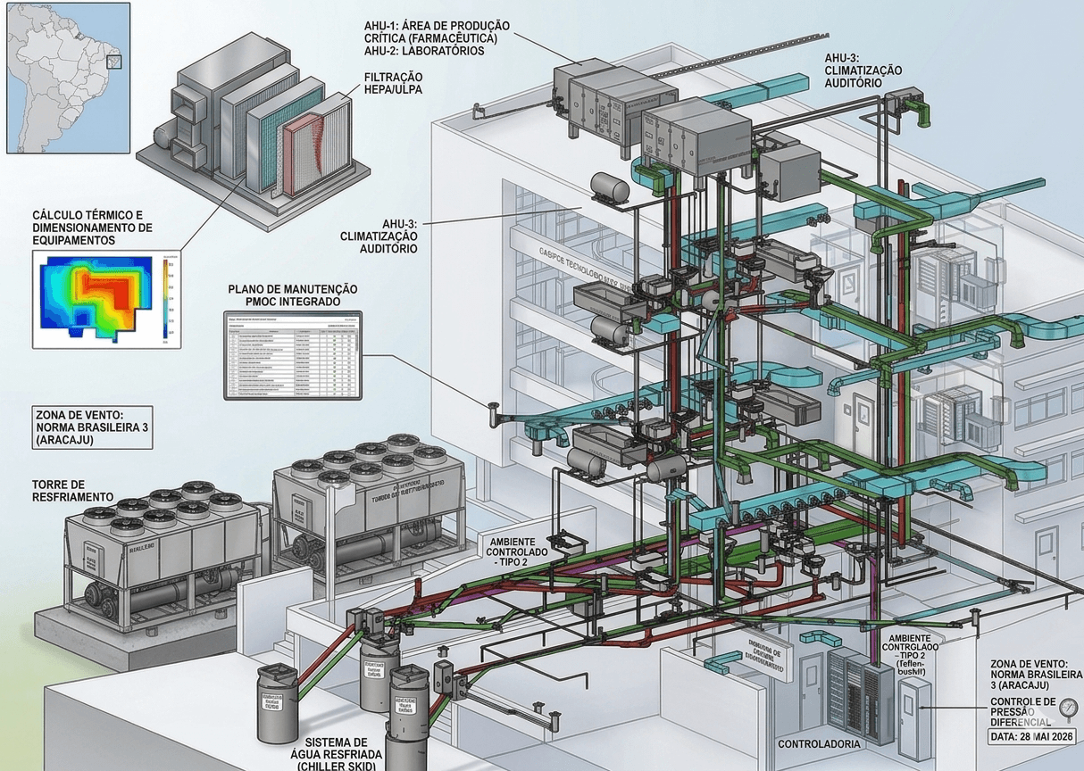 Projeto de climatização industrial HVAC para ambiente produtivo